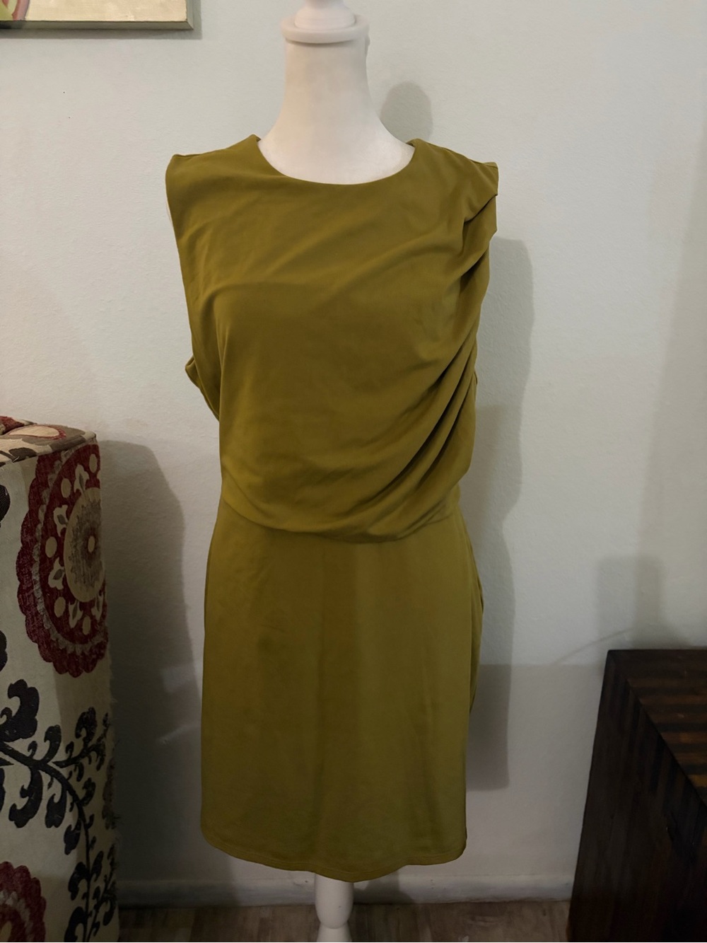 Sleeveless Draped Olive Green Sheath Dress